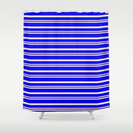 [ Thumbnail: Beige and Blue Colored Stripes Pattern Shower Curtain ]