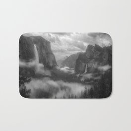 Mountains with morning mist and fog; waterfall alpine valley black and white photograph / photograph for home and wall decor Bath Mat