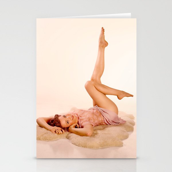"Kicking Back" - The Playful Pinup - Sexy Pin-up Girl on Fur Rug by Maxwell H. Johnson Stationery Cards