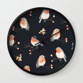 Robin birds and berries rowan on dry branches, seamless Christmas pattern, winter watercolor illustration, print on dark background.  Wall Clock