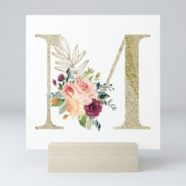 M Monogram Gold Foil Initial with Watercolor Flowers Mini Art Print