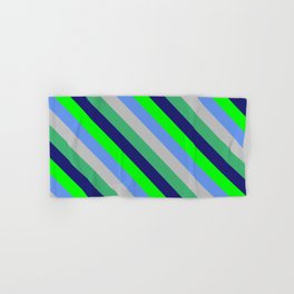 [ Thumbnail: Lime, Cornflower Blue, Grey, Sea Green, and Midnight Blue Colored Stripes Pattern Hand & Bath Towel ]