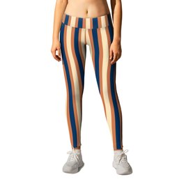 Vertical brown, beige and blue striped pattern - birch and pear wood with navy blue stripes Leggings | Elegant, Naturalcolors, Verticalstripes, Vanillabeige, Minimalism, Vertical, Pattern, Striped, Pearwood, Terracotta 