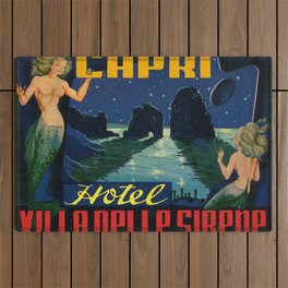 Isle of Capri, Italy Hotel Villa Delle Sirene Vintage Mermaid Advertising Poster Outdoor Rug