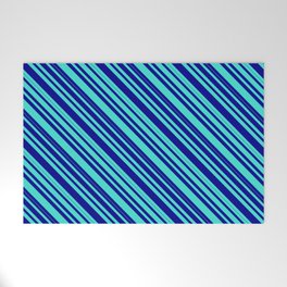 [ Thumbnail: Turquoise and Dark Blue Colored Lined/Striped Pattern Welcome Mat ]