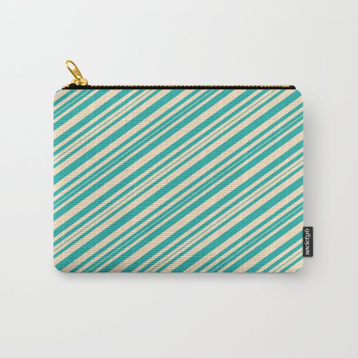 Bisque and Light Sea Green Colored Pattern of Stripes Carry-All Pouch