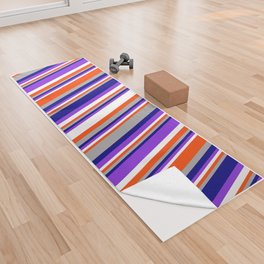 [ Thumbnail: Eyecatching Blue, Dark Grey, Red, White, and Purple Colored Stripes/Lines Pattern Yoga Towel ]