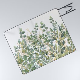 Gold And Green Botanical Eucalyptus Leaves Picnic Blanket