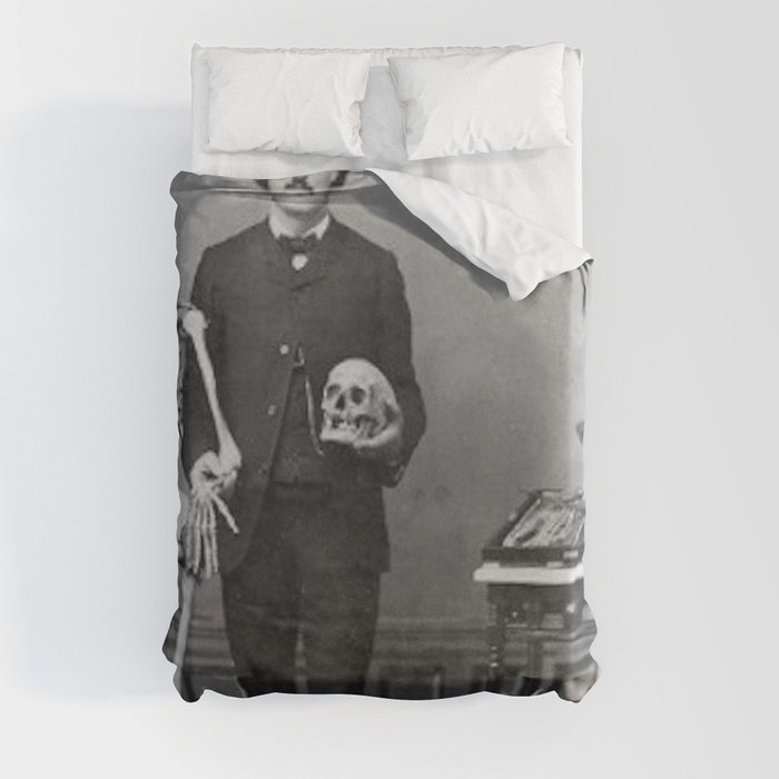 Edgar Allan Poe with Skull and Skeleton macabre black and white photograph Duvet Cover