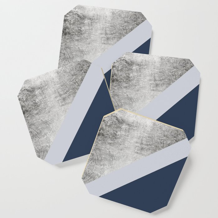 Modern minimalist navy blue grey and silver foil geometric color block Coaster
