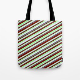 [ Thumbnail: Maroon, Green, Lavender, and Dim Gray Colored Lined Pattern Tote Bag ]