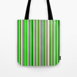 [ Thumbnail: Eyecatching Lime, Green, Dark Salmon, Slate Gray & Beige Colored Striped/Lined Pattern Tote Bag ]
