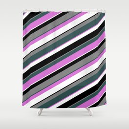 [ Thumbnail: Eye-catching Grey, Dark Slate Gray, Orchid, White, and Black Colored Stripes Pattern Shower Curtain ]