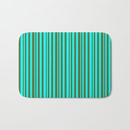 [ Thumbnail: Cyan and Dark Olive Green Colored Lined/Striped Pattern Bath Mat ]
