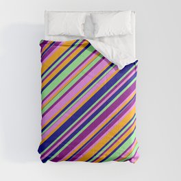 [ Thumbnail: Colorful Light Green, Purple, Violet, Orange & Dark Blue Colored Lines/Stripes Pattern Comforter ]