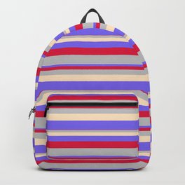 [ Thumbnail: Crimson, Grey, Bisque & Medium Slate Blue Colored Lined Pattern Backpack ]