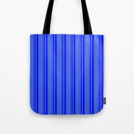 [ Thumbnail: Blue and Royal Blue Colored Stripes Pattern Tote Bag ]
