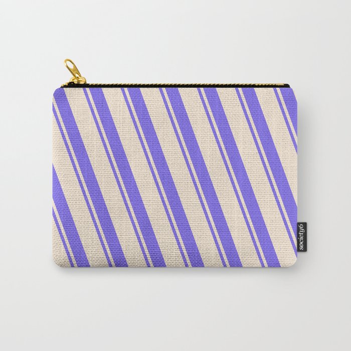 Beige and Medium Slate Blue Colored Striped Pattern Carry-All Pouch
