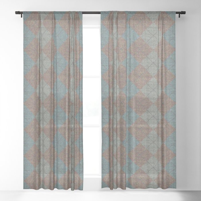 Dark Blue Brown Checkered Knitted Weaving Sheer Curtain By