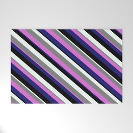 [ Thumbnail: Eye-catching Gray, Orchid, Midnight Blue, Black, and Mint Cream Colored Stripes/Lines Pattern Welcome Mat ]