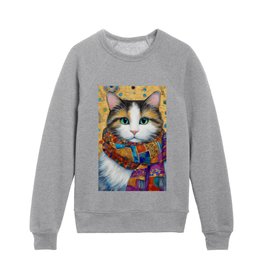 Gustav Klimt Style Calico Cat with Colorful Scarf Kids Crewneck