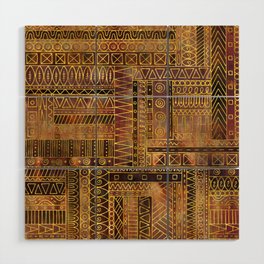 Tribal  Ethnic Boho Pattern gold and brown Wood Wall Art