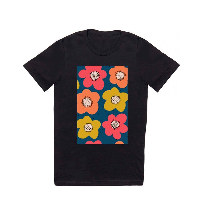 Seamless flower pattern. Bold florals Scandinavian flat style repeating background. Botanical minimalistic doodle flowers pink coral orange yellow on blue backdrop.  T Shirt