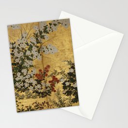 White Red Chrysanthemums Floral Japanese Gold Screen Stationery Card