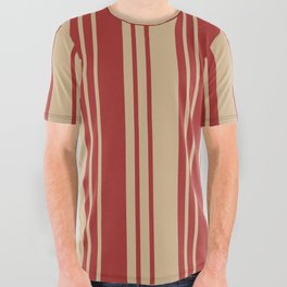 [ Thumbnail: Brown and Tan Colored Lined Pattern All Over Graphic Tee ]