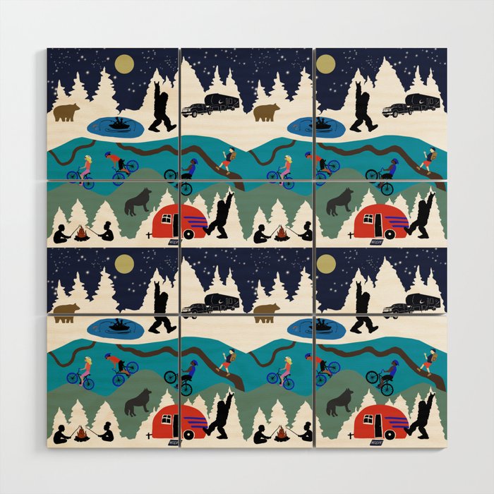 Happy Campers biking hiking with bear and Wolf Wood Wall Art