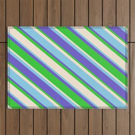 [ Thumbnail: Slate Blue, Lime Green, Beige & Sky Blue Colored Pattern of Stripes Outdoor Rug ]