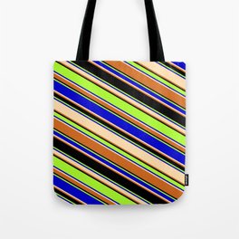 [ Thumbnail: Colorful Light Green, Blue, Tan, Chocolate & Black Colored Lines/Stripes Pattern Tote Bag ]
