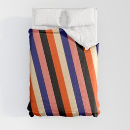 [ Thumbnail: Eye-catching Salmon, Midnight Blue, Beige, Red & Black Colored Stripes Pattern Comforter ]