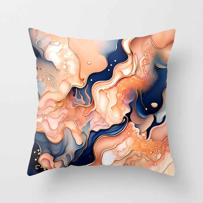 Fluid Art - Peach and Navy Blue 2 Throw Pillow
