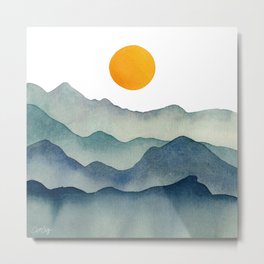 Mountain Range Silhouette – Blue & Yellow Metal Print | Mountainrange, Nationalpark, Fall, Winter, Nature, Spring, Painting, Sunshine, Summer, Curated 