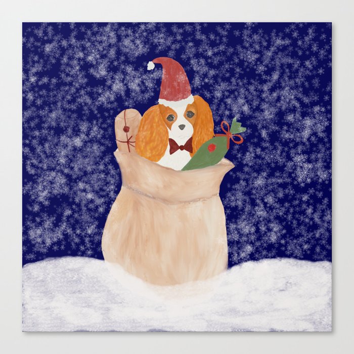 Snowy Santa Cavalier King Charles Spaniel bringing Christmas presents Canvas Print