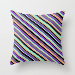 [ Thumbnail: Eye-catching Black, Dim Grey, Purple, Aquamarine & Brown Colored Stripes/Lines Pattern Throw Pillow ]