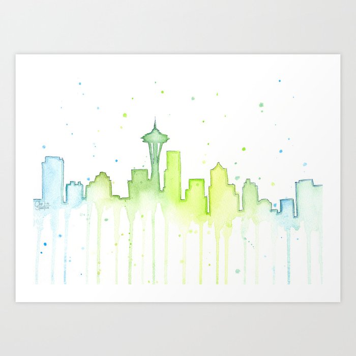 Seattle Skyline Watercolor Space Needle Painting Art Print