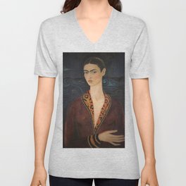 Frida Kahlo self portrait in a velvet dress painting for home and wall decor  V Neck T Shirt