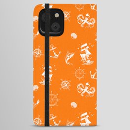 Orange And White Silhouettes Of Vintage Nautical Pattern iPhone Wallet Case