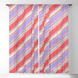 [ Thumbnail: Red, Grey, Purple & Beige Colored Stripes/Lines Pattern Sheer Curtain ]
