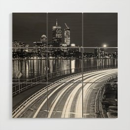 The PRU lit up with Go Pats on the Charles River Boston MA Black and White Wood Wall Art