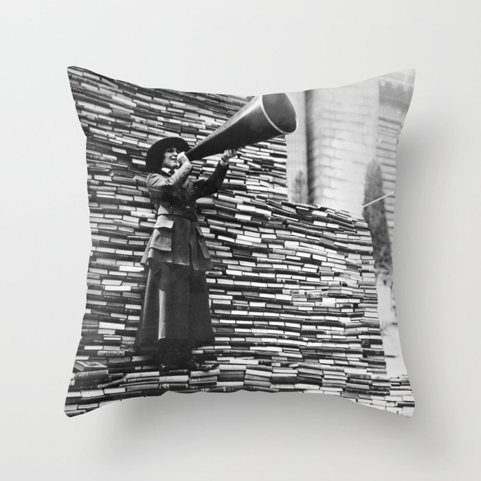 Woman Speaking In Megaphone On Book Pile - War Service Book Drive - 1919 Throw Pillow