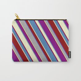 [ Thumbnail: Colorful Purple, Blue, Dark Grey, Light Yellow, and Dark Red Colored Striped/Lined Pattern Carry-All Pouch ]