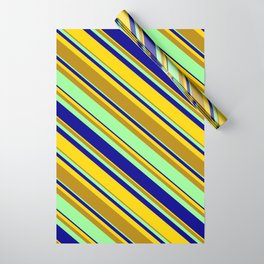 [ Thumbnail: Yellow, Dark Goldenrod, Green & Dark Blue Colored Lined/Striped Pattern Wrapping Paper ]