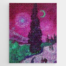 Road with Cypress and Star; Country Road in Provence by Night, oil-on-canvas post-impressionist landscape painting by Vincent van Gogh in alternate pink twilight sky Jigsaw Puzzle