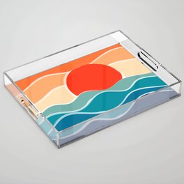 Retro 70s and 80s Color Palette Mid-Century Minimalist Nature Waves and Sun Abstract Art Acrylic Tray