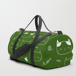 Green and White Doodle Kitten Faces Pattern Duffle Bag