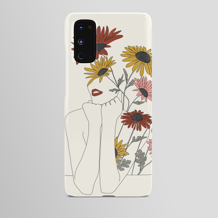 Colorful Thoughts Minimal Line Girl with Sunflowers Android Case