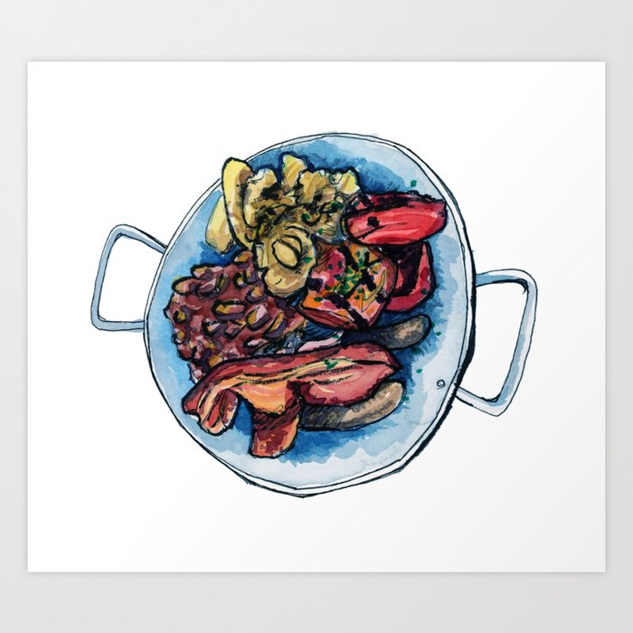 Farmer Breaky Art Print | Painting, Watercolor, Food, Breakfast, Bacon, Grilled-tomatoes, Beans, Breaky, Brunch, Sausages